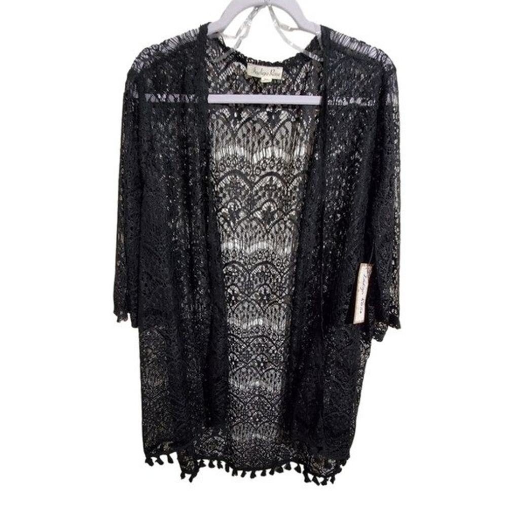 Indigo Rose Black Lace New Floral crocheted fringe kimono wrap plus Size 3X new